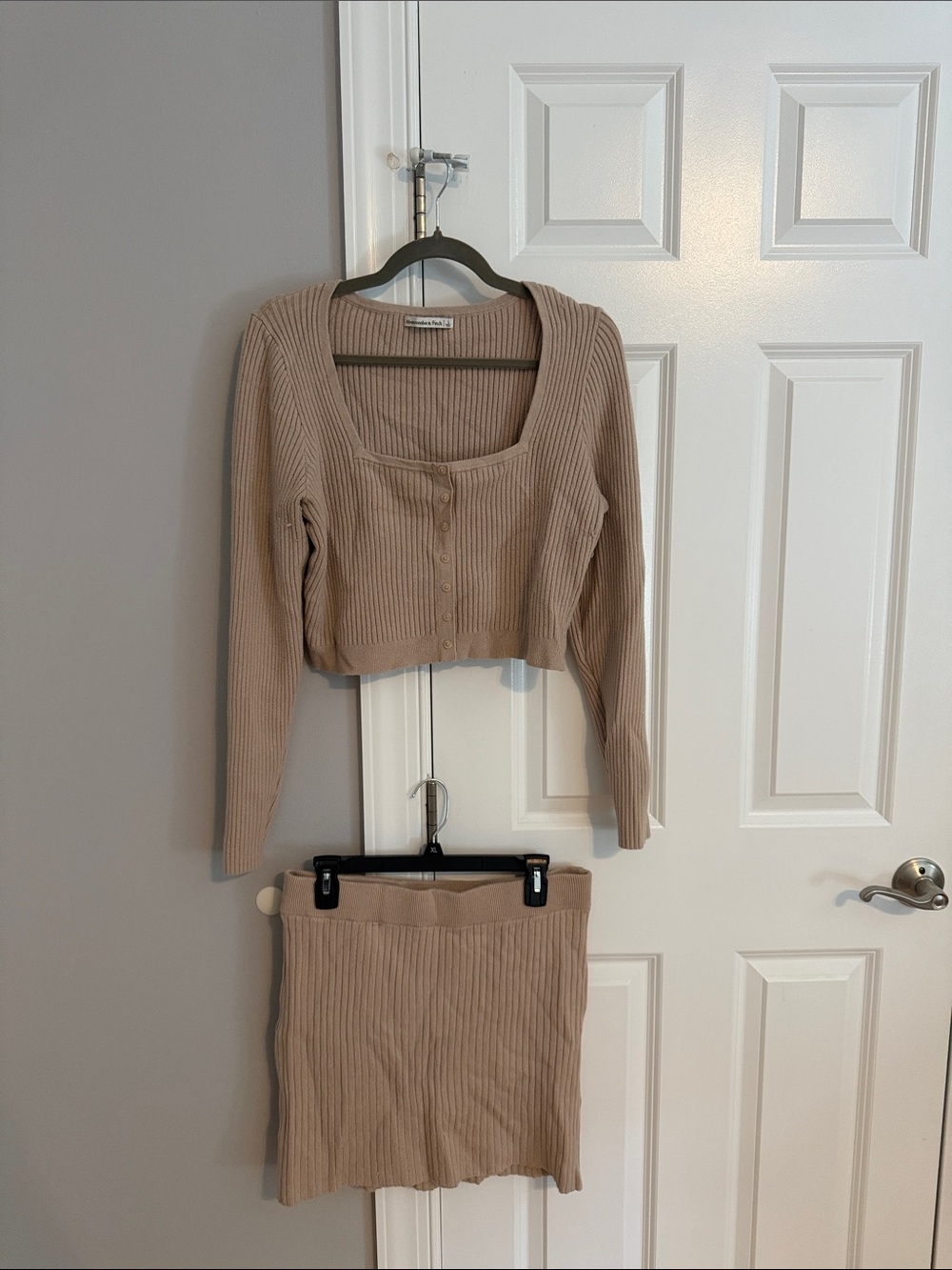 Abercrombie + Fitch Ribbed Knit Button-Up Crop Top & Skirt Set in Beige